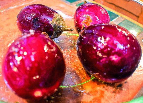 Baby eggplants tossed with olive oil & salt ~ ready to roast